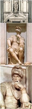 米开朗基罗创作的小洛伦佐·美第奇像，由远及近，可以看到他左臂下方的“狮-狐”头像