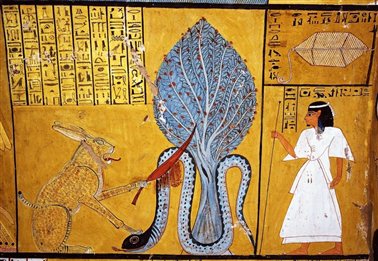 图3：Inherkhau墓（TT359）中“猫斩蛇”的画面，新王国第20王朝（约公元前1189-前1077年），彩绘壁画，底比斯西岸，代尔·艾尔-麦迪纳工匠村遗址