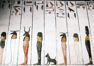 图8：《拉神祷文》中日神变身“大猫”（mjw.aA）的“形”与“名”，新王国第19王朝西普塔（Siptah，公元前1194-前1188年）时期，底比斯西岸帝王谷KV47号墓。