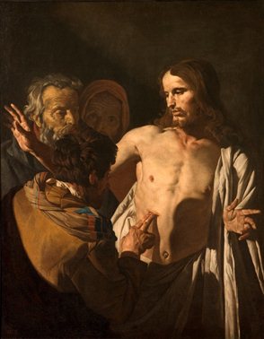 （荷兰）马蒂亚斯.斯托梅尔（Matthias Stomer）：The Incredulity of Saint Thomas 斯托梅尔被认为是荷兰黄金时期的代表性人物之一，乌特勒支卡拉瓦乔画派的重要人物，绘画风格受到卡拉瓦乔及其追随者的影响，题材多为宗教人物，画面力图表现人物的心理状态