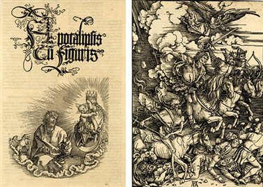 图为德国画家、版画家阿尔布雷特·丢勒（1471－1528）于1498年自行出版的《启示录》一书，书中包括取材于《启示录》的十五幅木刻版画，描绘了最后的审判时的黑暗场景，右图中的《四骑士》即为其中之一。在世界终结之时，将有羔羊解开书卷的七个封印，唤来分别骑着白、红、黑、灰四匹马的骑士，将征服（瘟疫）、战争、饥荒和死亡带给接受最终审判的人类，届时天地万象失调，日月为之变色，随后便是世界的毁灭。